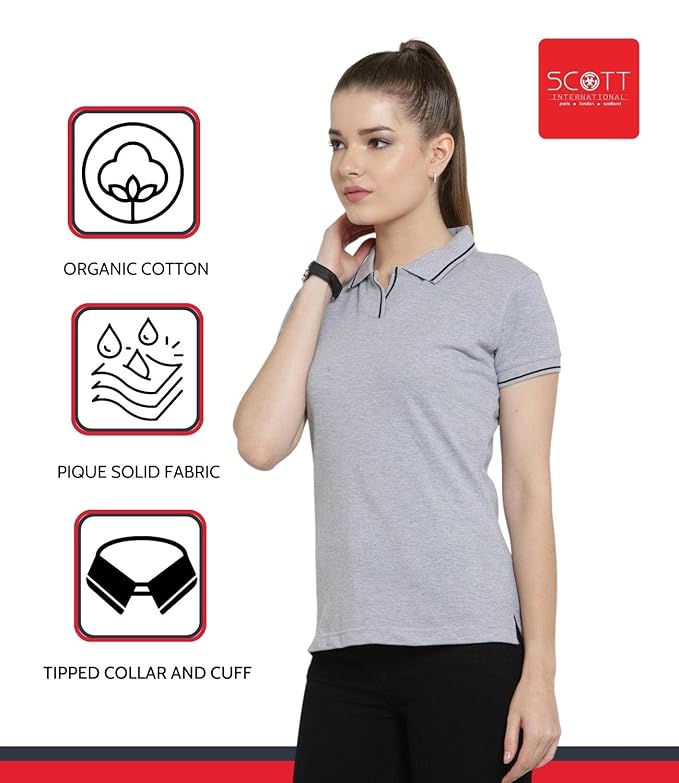 Scott International Women's Regular Fit 100% Pure Organic Cotton Polo T-Shirt | Womens Polo Collar Neck T-Shirt | Cotton Plain Polo Neck Half Sleeve T-Shirt | Tshirts for Women- Grey Milange - Image 3