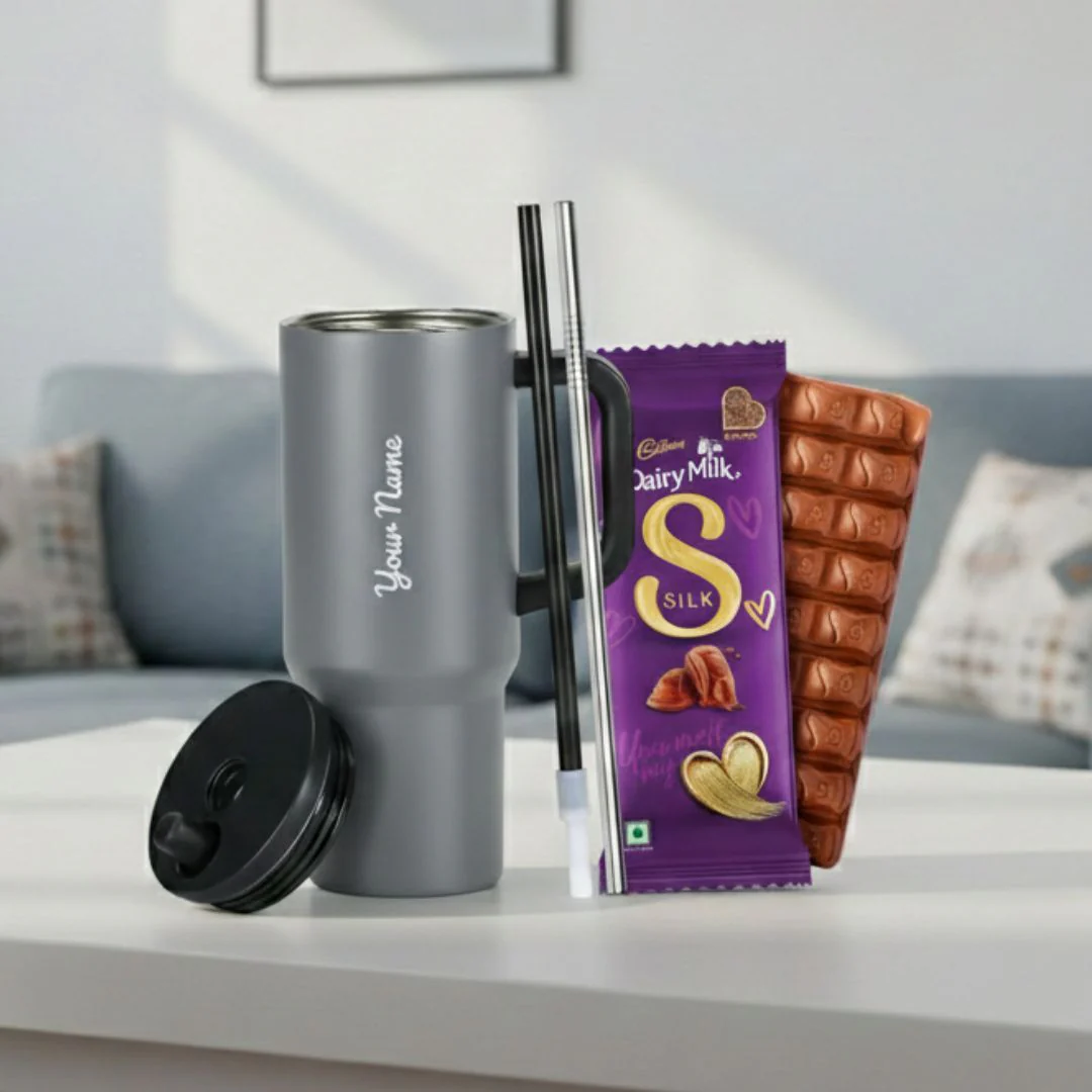 Nuevo Emporium Personalized Gift Set (Grey) | 710ml Stainless Steel Handle Tumbler with Silk Chocolate Combo - Image 1