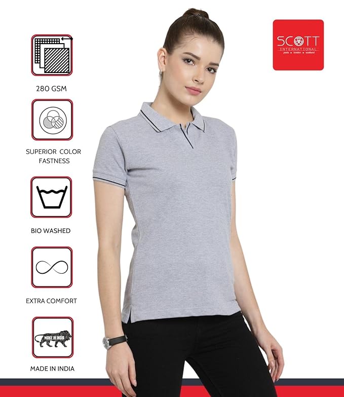 Scott International Women's Regular Fit 100% Pure Organic Cotton Polo T-Shirt | Womens Polo Collar Neck T-Shirt | Cotton Plain Polo Neck Half Sleeve T-Shirt | Tshirts for Women- Grey Milange - Image 4