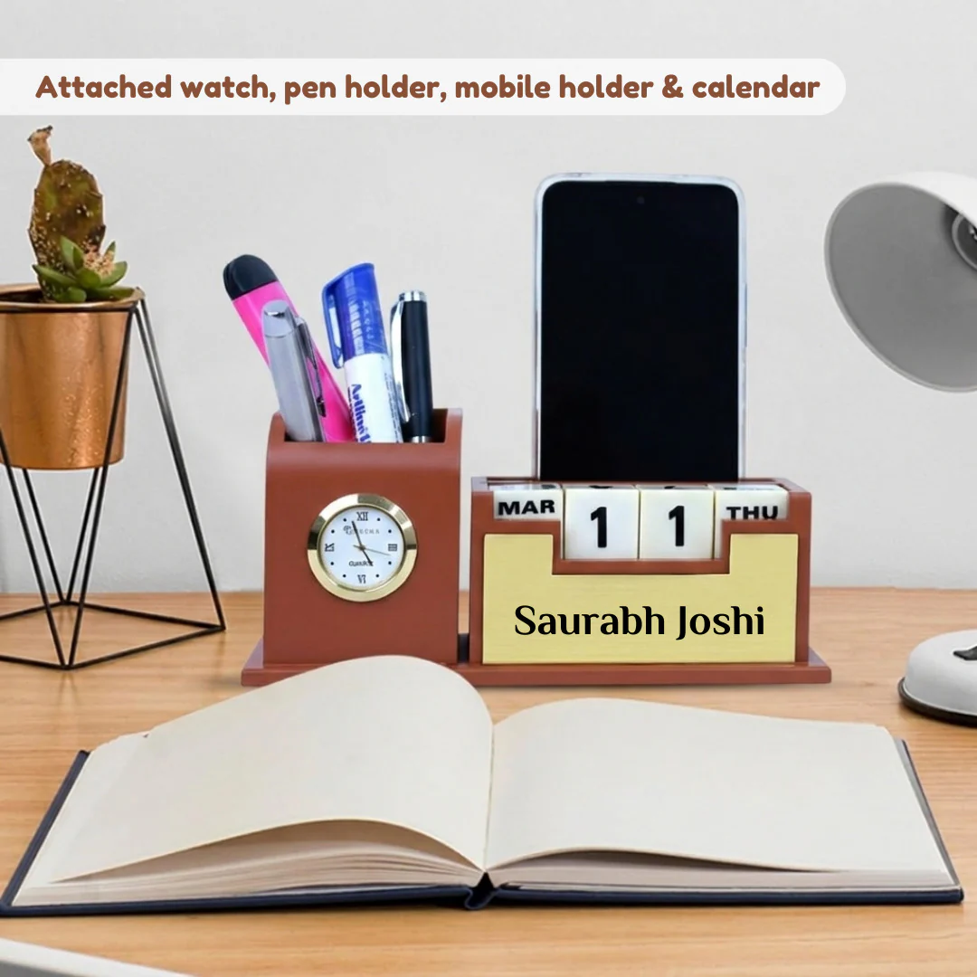 Nuevo Emporium Stylish Personalized Gift (Brown) | Wooden Desk Organizer with Premium Finish - Image 7