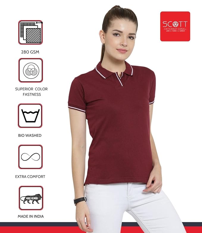 Scott International Women's Regular Fit 100% Pure Organic Cotton Polo T-Shirt | Womens Polo Collar Neck T-Shirt | Cotton Plain Polo Neck Half Sleeve T-Shirt | Tshirts for Women- Maroon - Image 3
