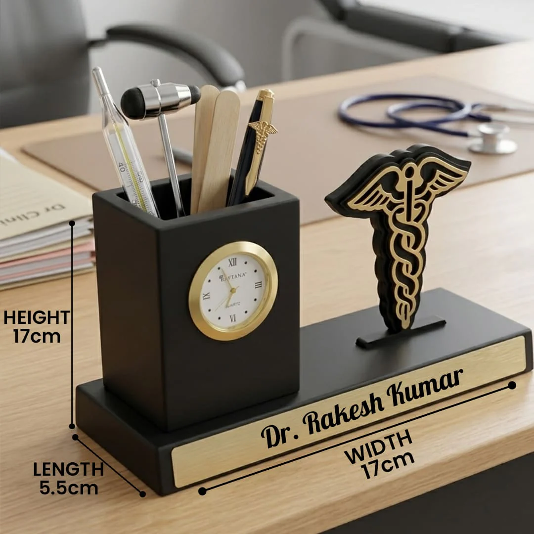 Nuevo Emporium Personalized Gift for Doctors | Desk Organizer with Pen Stand & Clock Set - Image 6