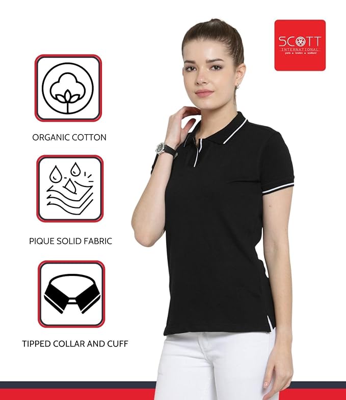Scott International Women's Regular Fit 100% Pure Organic Cotton Polo T-Shirt | Womens Polo Collar Neck T-Shirt | Cotton Plain Polo Neck Half Sleeve T-Shirt | Tshirts for Women- Black - Image 4