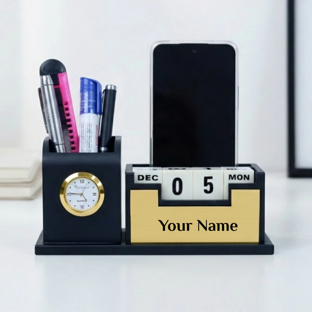 Nuevo Emporium Stylish Personalized Gift (Black) | Wooden Desk Organizer with Premium Finish - Image 1