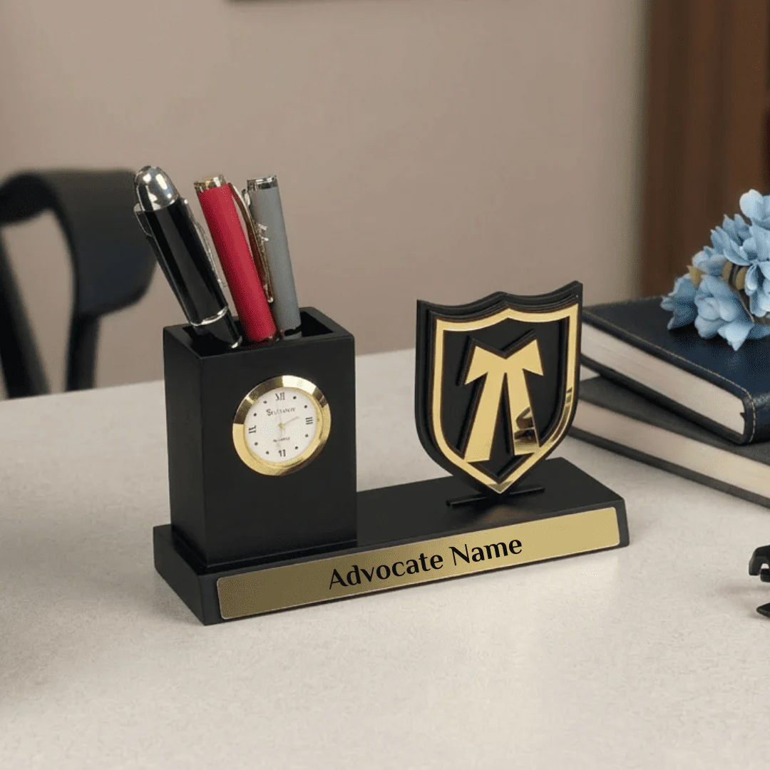 Nuevo Emporium Personalized Advocate Desk Organizer Gift | Wooden Organizer with Clock & Pen Holder - Image 1