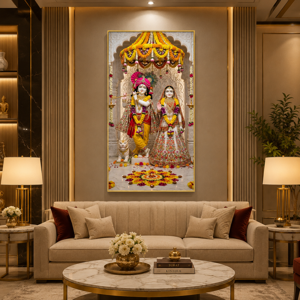 Divine Radha Krishna Temple Blessings Glass Finish Vertical Wall Art  Premium - Image 3