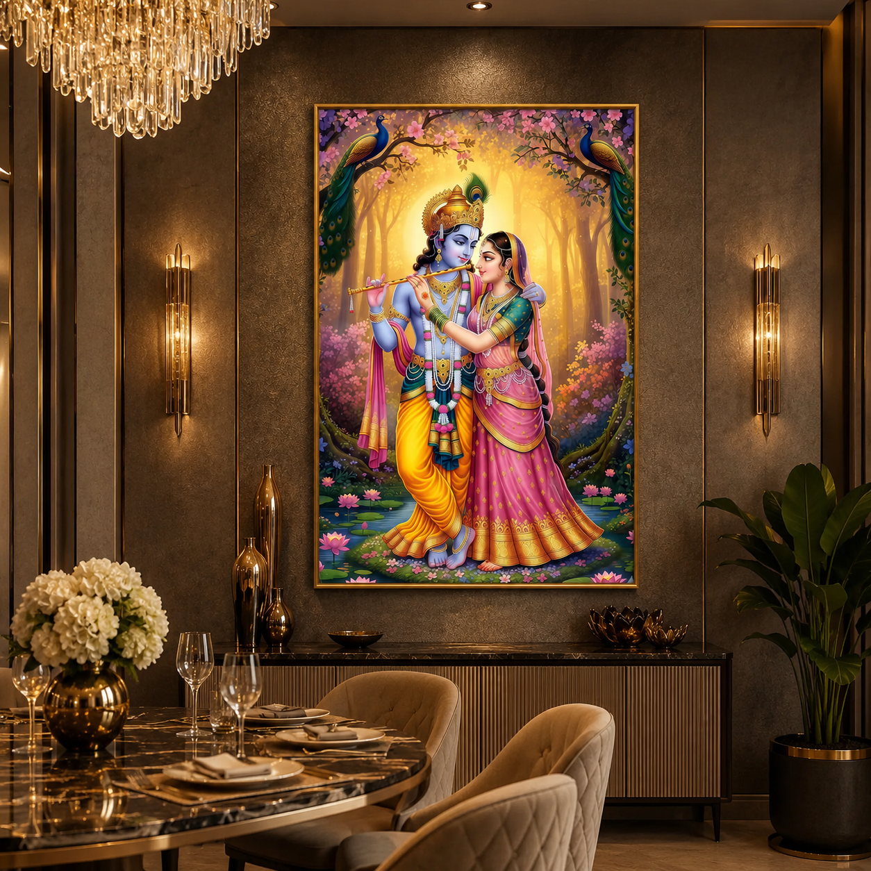 Krishna and Radha Love in Serenity Glass Finish Vertical Wall Art  Premium - Image 2