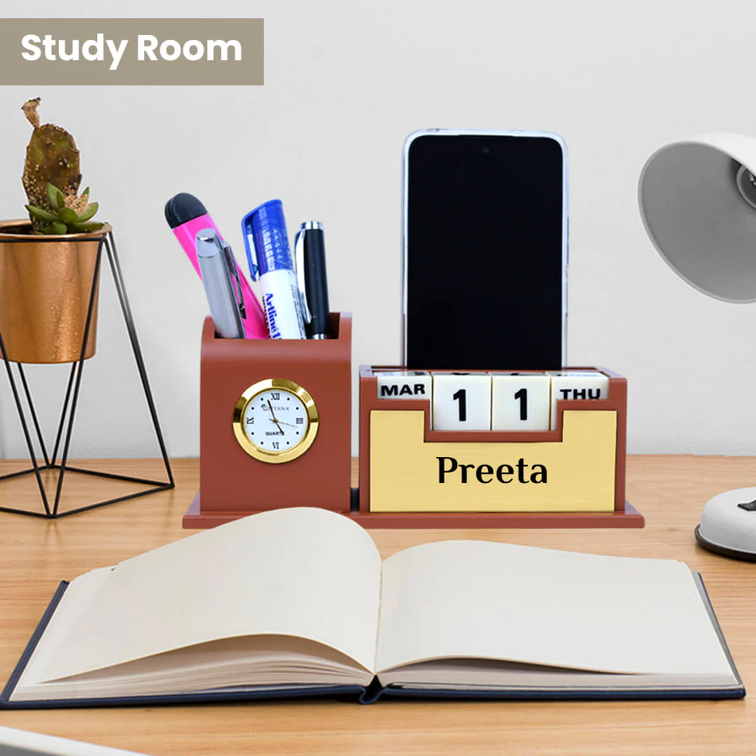 Nuevo Emporium Engraved Desk Clock & Pen Set (Brown) | Personalized Premium Corporate Gift - Image 3