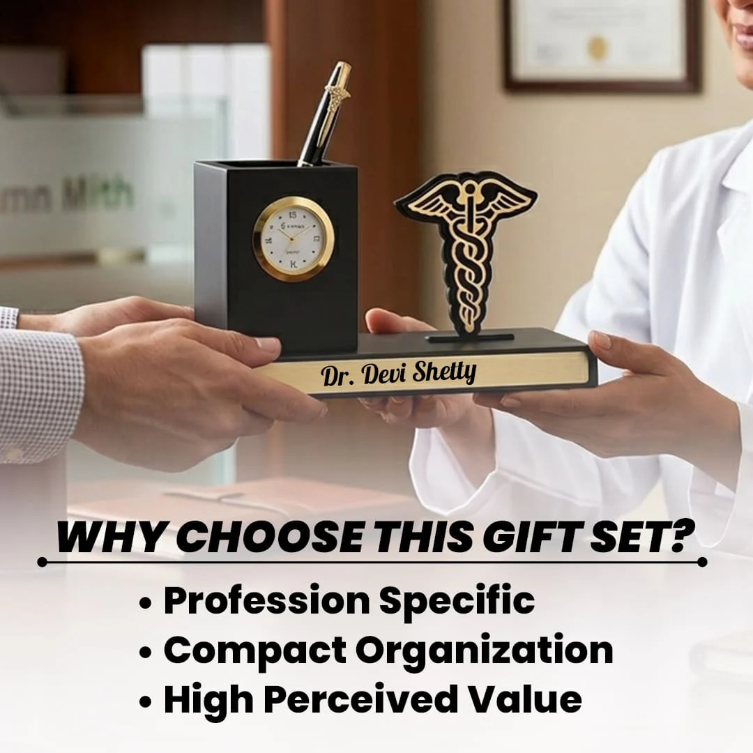 Nuevo Emporium Personalized Gift for Doctors | Desk Organizer with Pen Stand & Clock Set - Image 3