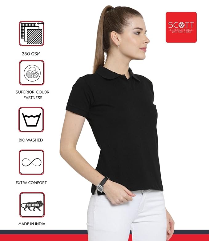 Scott International Women's Regular Fit 100% Pure Organic Cotton Polo T-Shirt | Womens Polo Collar Neck T-Shirt | Cotton Plain Polo Neck Half Sleeve T-Shirt | Tshirts for Women Black - Image 4