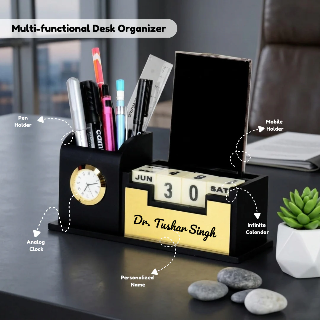 Nuevo Emporium Stylish Personalized Gift (Black) | Wooden Desk Organizer with Premium Finish - Image 3