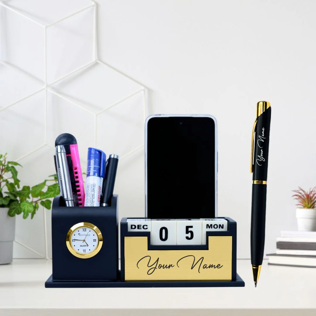 Nuevo Emporium Engraved Desk Clock & Pen Set (Black) | Personalized Premium Corporate Gift - Image 1