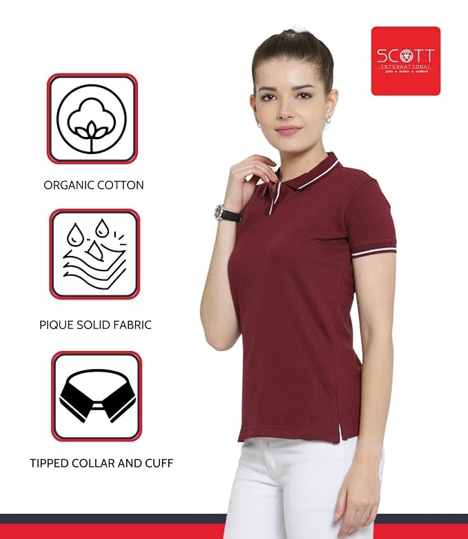 Scott International Women's Regular Fit 100% Pure Organic Cotton Polo T-Shirt | Womens Polo Collar Neck T-Shirt | Cotton Plain Polo Neck Half Sleeve T-Shirt | Tshirts for Women- Maroon - Image 4