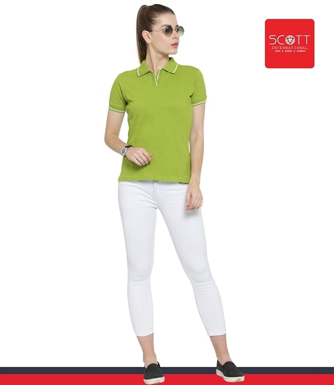 Scott International Women's Regular Fit 100% Pure Organic Cotton Polo T-Shirt | Womens Polo Collar Neck T-Shirt | Cotton Plain Polo Neck Half Sleeve T-Shirt | Tshirts for Women- Apple Green - Image 2