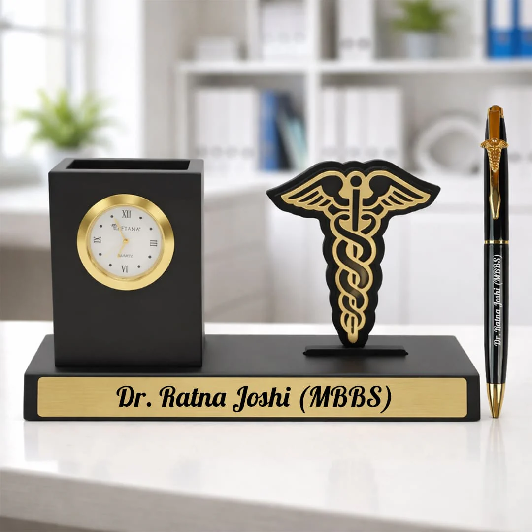 Nuevo Emporium Personalized Gift for Doctors | Desk Organizer with Pen Stand & Clock Set - Image 2