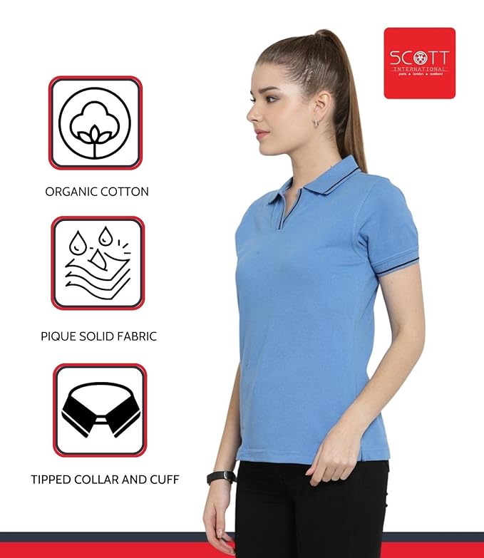 Scott International Women's Regular Fit 100% Pure Organic Cotton Polo T-Shirt | Womens Polo Collar Neck T-Shirt | Cotton Plain Polo Neck Half Sleeve T-Shirt | Tshirts for Women- Indian Blue - Image 3