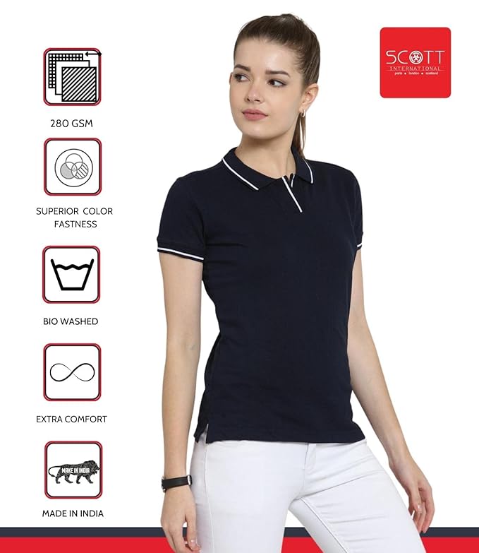 Scott International Women's Regular Fit 100% Pure Organic Cotton Polo T-Shirt | Womens Polo Collar Neck T-Shirt | Cotton Plain Polo Neck Half Sleeve T-Shirt | Tshirts for Women- Navy Blue - Image 2