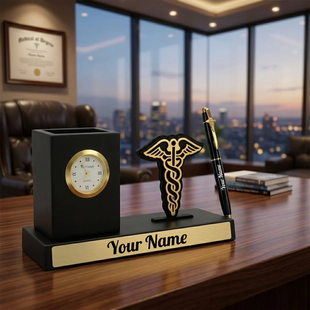 Nuevo Emporium Personalized Gift for Doctors | Desk Organizer with Pen Stand & Clock Set - Image 8