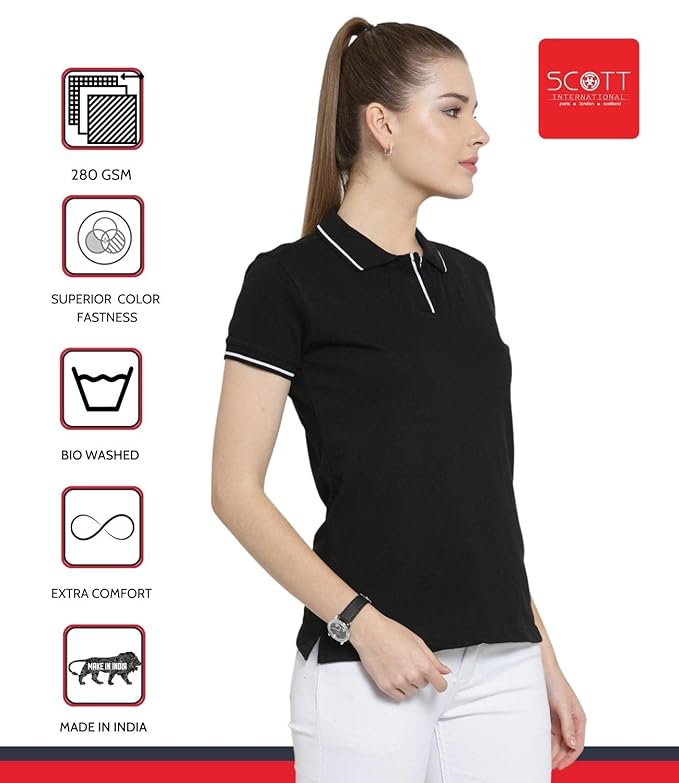 Scott International Women's Regular Fit 100% Pure Organic Cotton Polo T-Shirt | Womens Polo Collar Neck T-Shirt | Cotton Plain Polo Neck Half Sleeve T-Shirt | Tshirts for Women- Black - Image 5