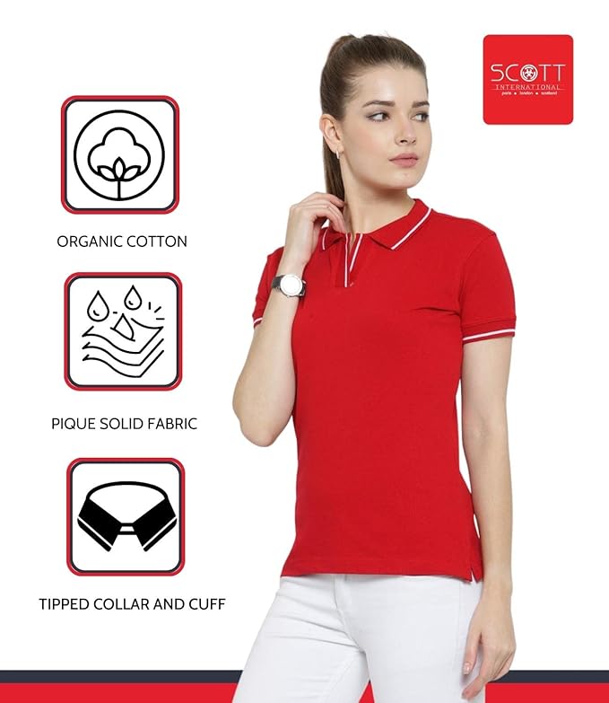 Scott International Women's Regular Fit 100% Pure Organic Cotton Polo T-Shirt | Womens Polo Collar Neck T-Shirt | Cotton Plain Polo Neck Half Sleeve T-Shirt | Tshirts for Women- Red - Image 3