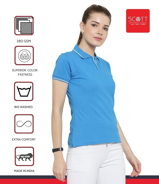Scott International Women's Regular Fit 100% Pure Organic Cotton Polo T-Shirt | Womens Polo Collar Neck T-Shirt | Cotton Plain Polo Neck Half Sleeve T-Shirt | Tshirts for Women-Turquosie Blue - Image 4