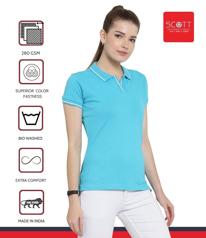 Scott International Women's Regular Fit 100% Pure Organic Cotton Polo T-Shirt | Womens Polo Collar Neck T-Shirt | Cotton Plain Polo Neck Half Sleeve T-Shirt | Tshirts for Women- Electric Blue - Image 4