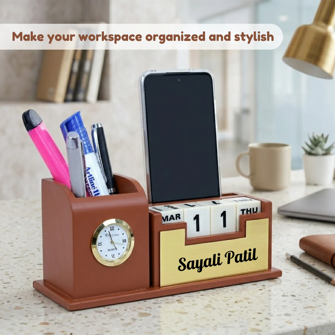 Nuevo Emporium Stylish Personalized Gift (Brown) | Wooden Desk Organizer with Premium Finish - Image 8