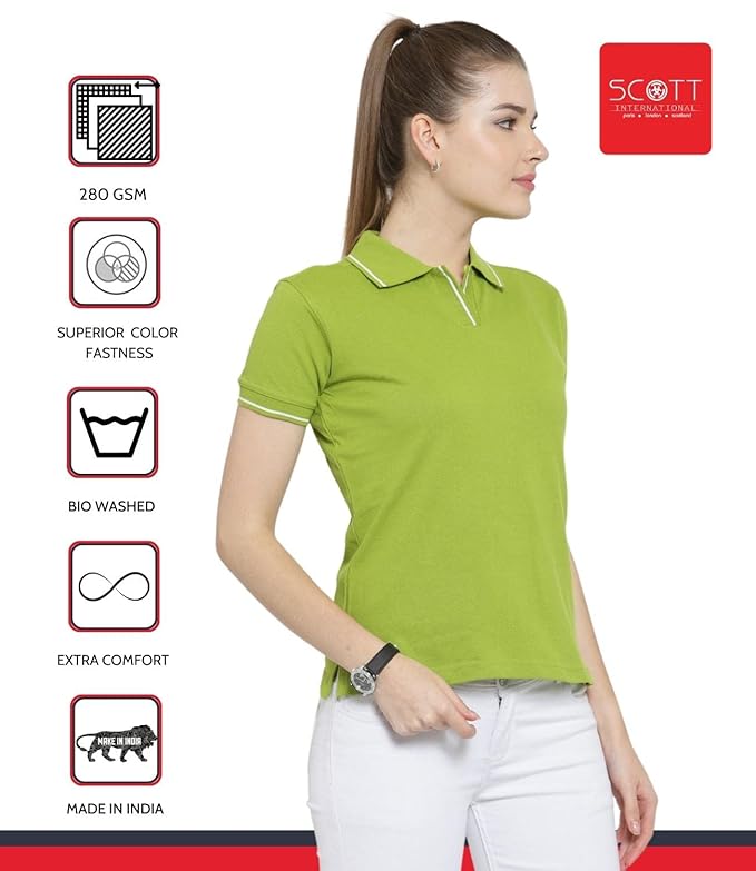 Scott International Women's Regular Fit 100% Pure Organic Cotton Polo T-Shirt | Womens Polo Collar Neck T-Shirt | Cotton Plain Polo Neck Half Sleeve T-Shirt | Tshirts for Women- Apple Green - Image 7