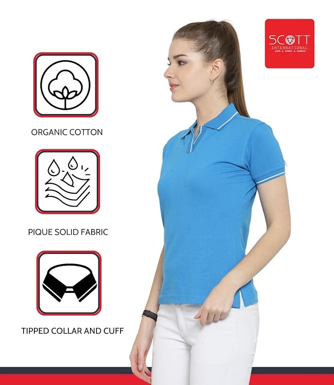 Scott International Women's Regular Fit 100% Pure Organic Cotton Polo T-Shirt | Womens Polo Collar Neck T-Shirt | Cotton Plain Polo Neck Half Sleeve T-Shirt | Tshirts for Women-Turquosie Blue - Image 3