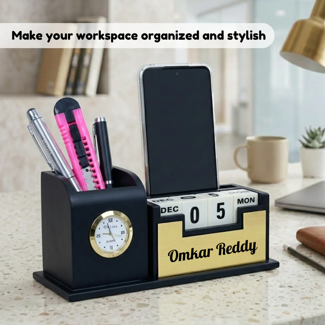 Nuevo Emporium Stylish Personalized Gift (Black) | Wooden Desk Organizer with Premium Finish - Image 7