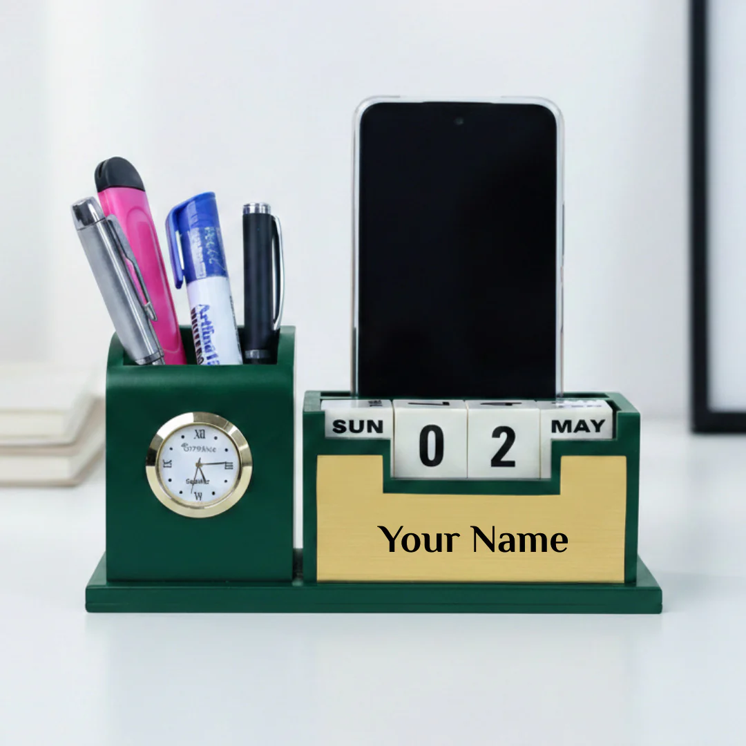 Nuevo Emporium Stylish Personalized Gift (Green) | Wooden Desk Organizer with Premium Finish - Image 1