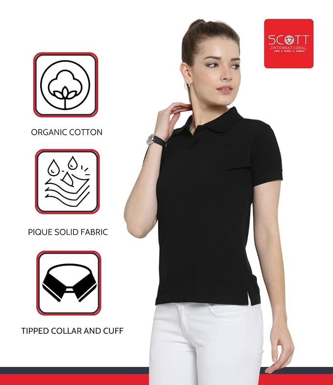 Scott International Women's Regular Fit 100% Pure Organic Cotton Polo T-Shirt | Womens Polo Collar Neck T-Shirt | Cotton Plain Polo Neck Half Sleeve T-Shirt | Tshirts for Women Black - Image 5
