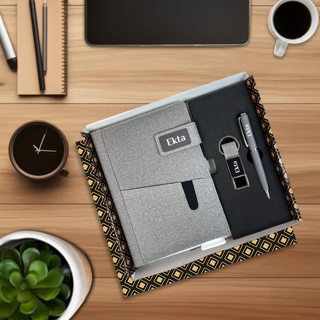Nuevo Emporium Personalized Gift Set (Grey) | 3-in-1 PU Jute Finish Diary, Pen & Keychain Combo - Image 1