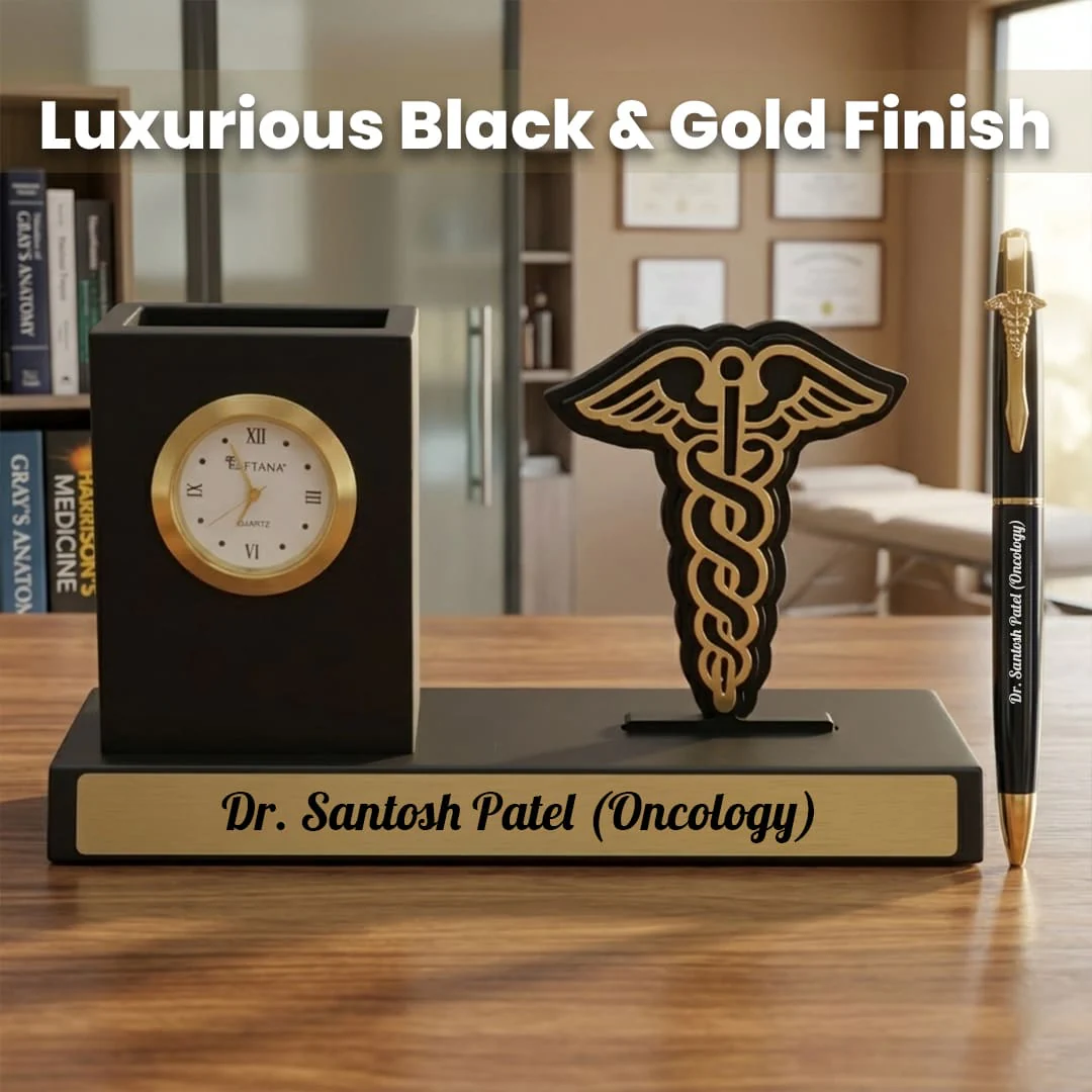Nuevo Emporium Personalized Gift for Doctors | Desk Organizer with Pen Stand & Clock Set - Image 4