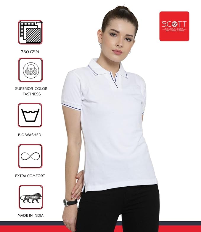 Scott International Women's Regular Fit 100% Pure Organic Cotton Polo T-Shirt | Womens Polo Collar Neck T-Shirt | Cotton Plain Polo Neck Half Sleeve T-Shirt | Tshirts for Women- White - Image 5