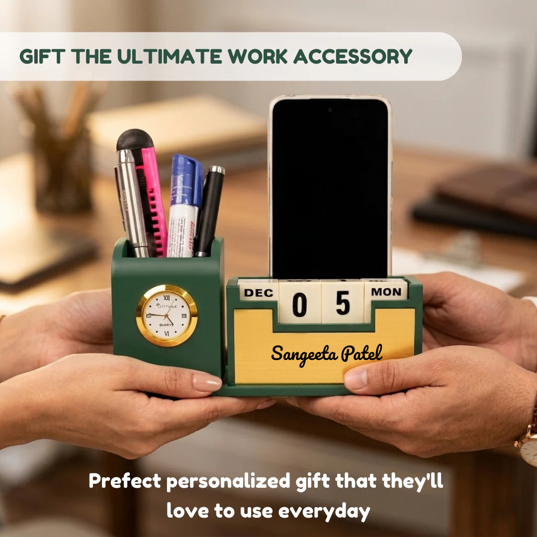 Nuevo Emporium Stylish Personalized Gift (Green) | Wooden Desk Organizer with Premium Finish - Image 4