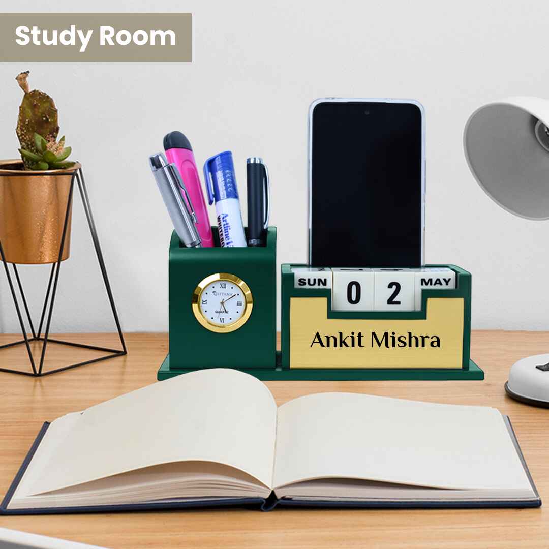 Nuevo Emporium Engraved Desk Clock & Pen Set (Green) | Personalized Premium Corporate Gift - Image 2