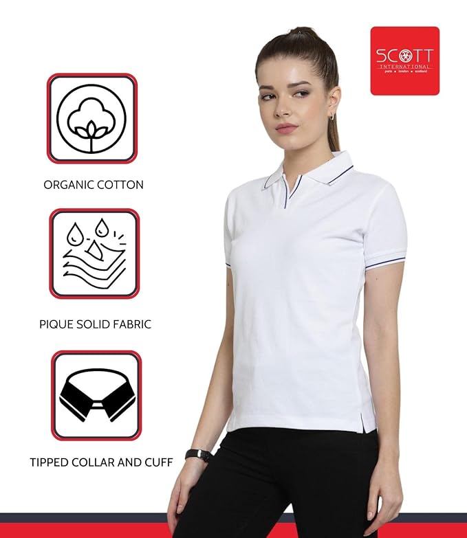 Scott International Women's Regular Fit 100% Pure Organic Cotton Polo T-Shirt | Womens Polo Collar Neck T-Shirt | Cotton Plain Polo Neck Half Sleeve T-Shirt | Tshirts for Women- White - Image 3