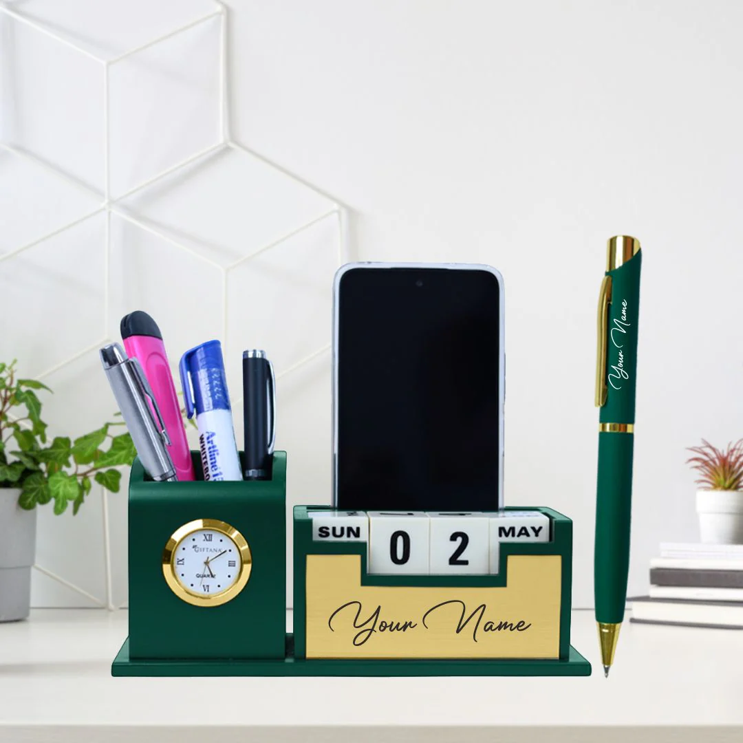 Nuevo Emporium Engraved Desk Clock & Pen Set (Green) | Personalized Premium Corporate Gift - Image 1