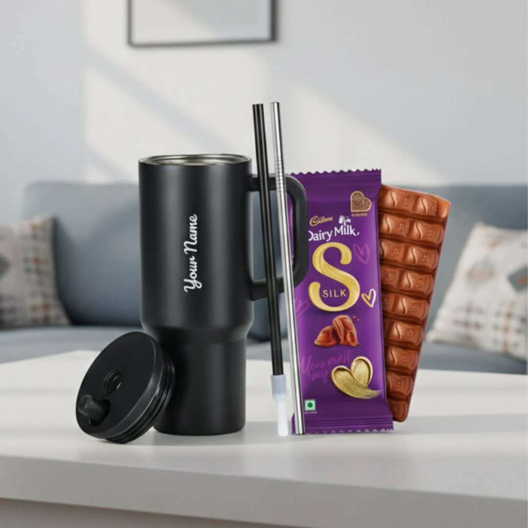 Nuevo Emporium Personalized Gift Set (Black) | 710ml Stainless Steel Handle Tumbler with Silk Chocolate Combo - Image 1
