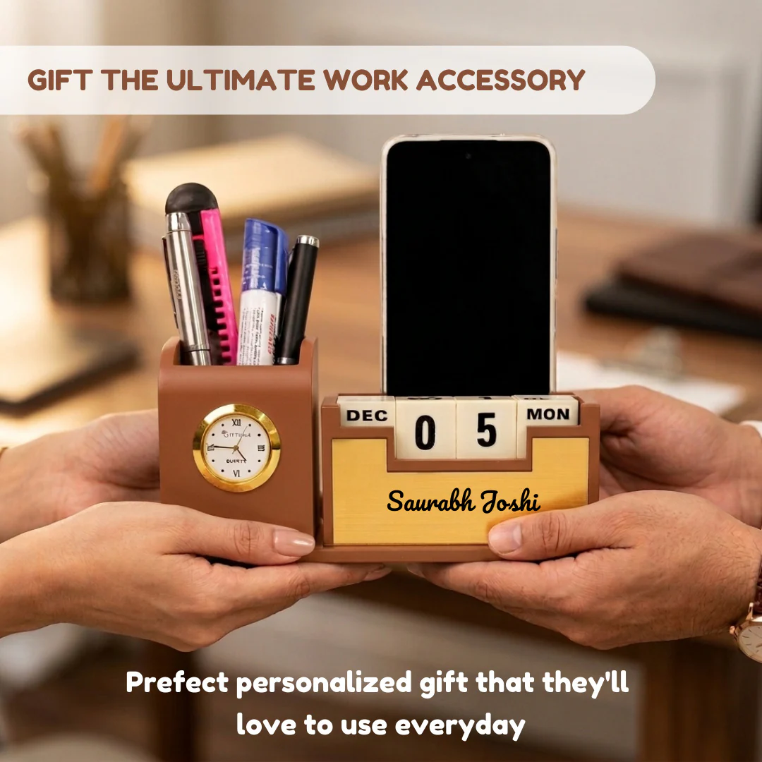 Nuevo Emporium Stylish Personalized Gift (Brown) | Wooden Desk Organizer with Premium Finish - Image 4