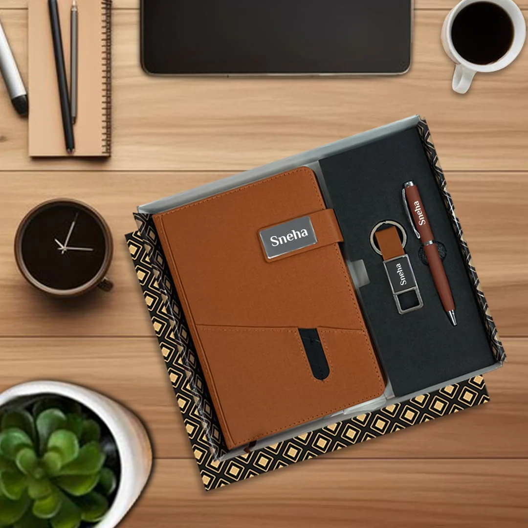 Nuevo Emporium Personalized Gift Set (Brown) | 3-in-1 PU Jute Finish Diary, Pen & Keychain Combo - Image 1