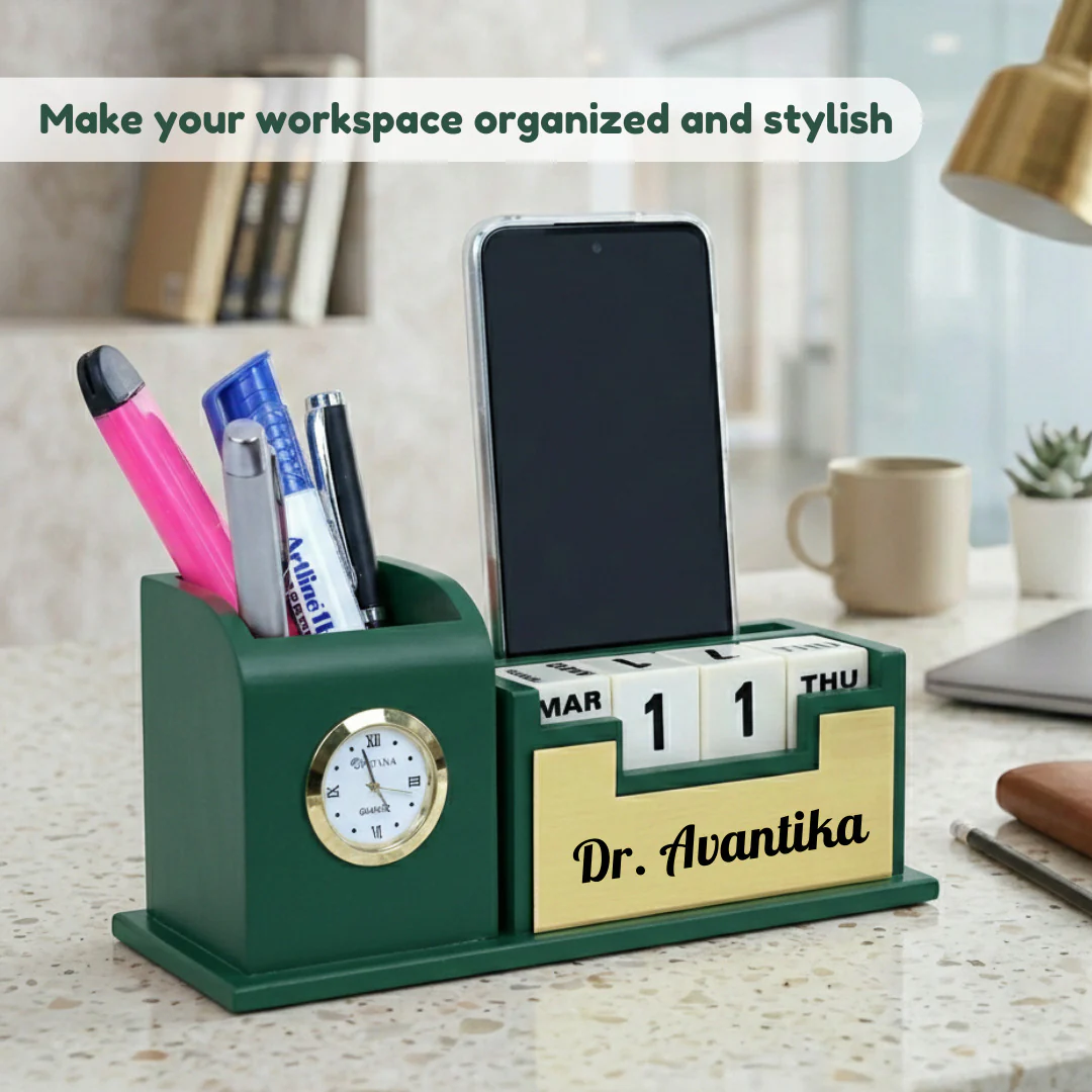 Nuevo Emporium Stylish Personalized Gift (Green) | Wooden Desk Organizer with Premium Finish - Image 2