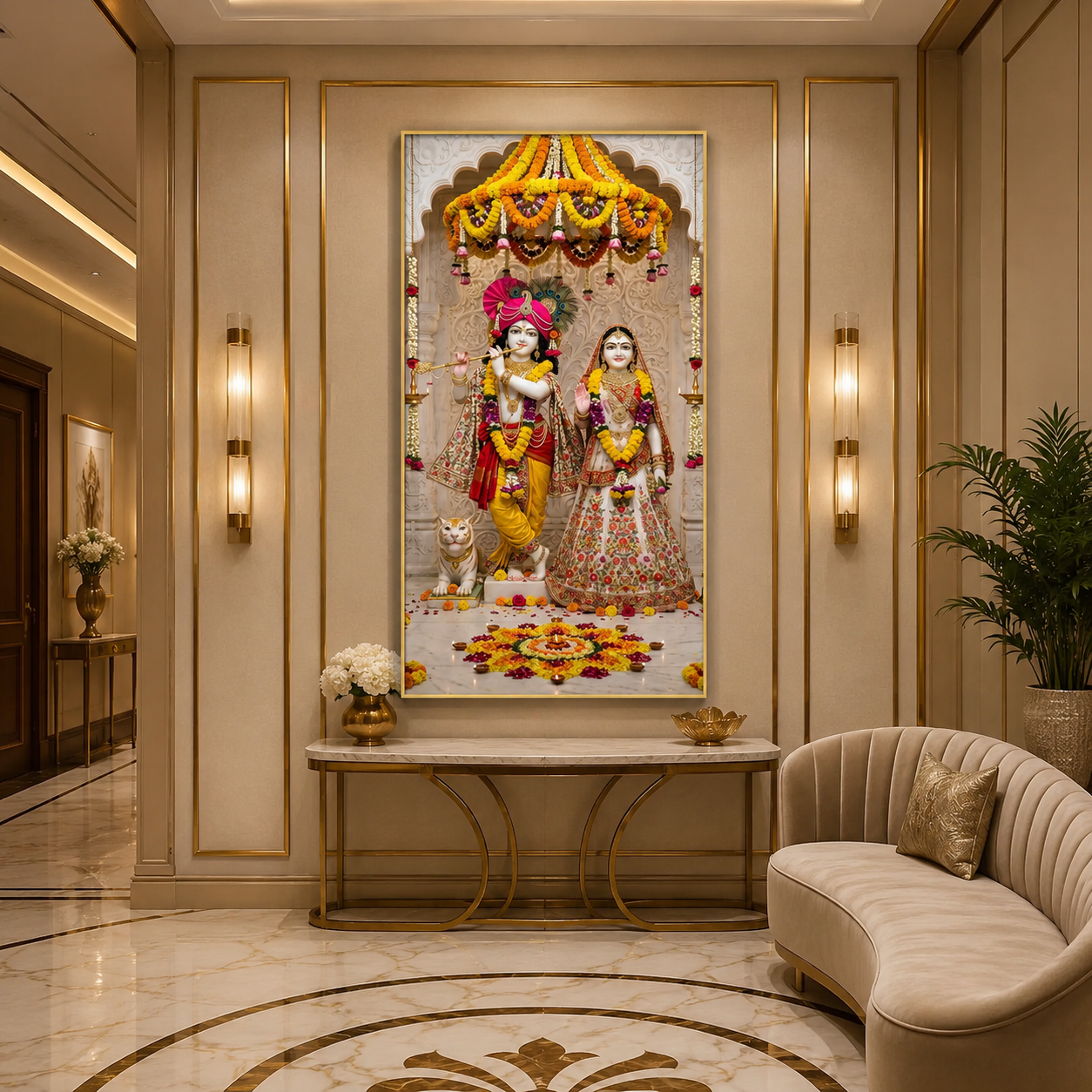 Divine Radha Krishna Temple Blessings Glass Finish Vertical Wall Art  Premium - Image 2
