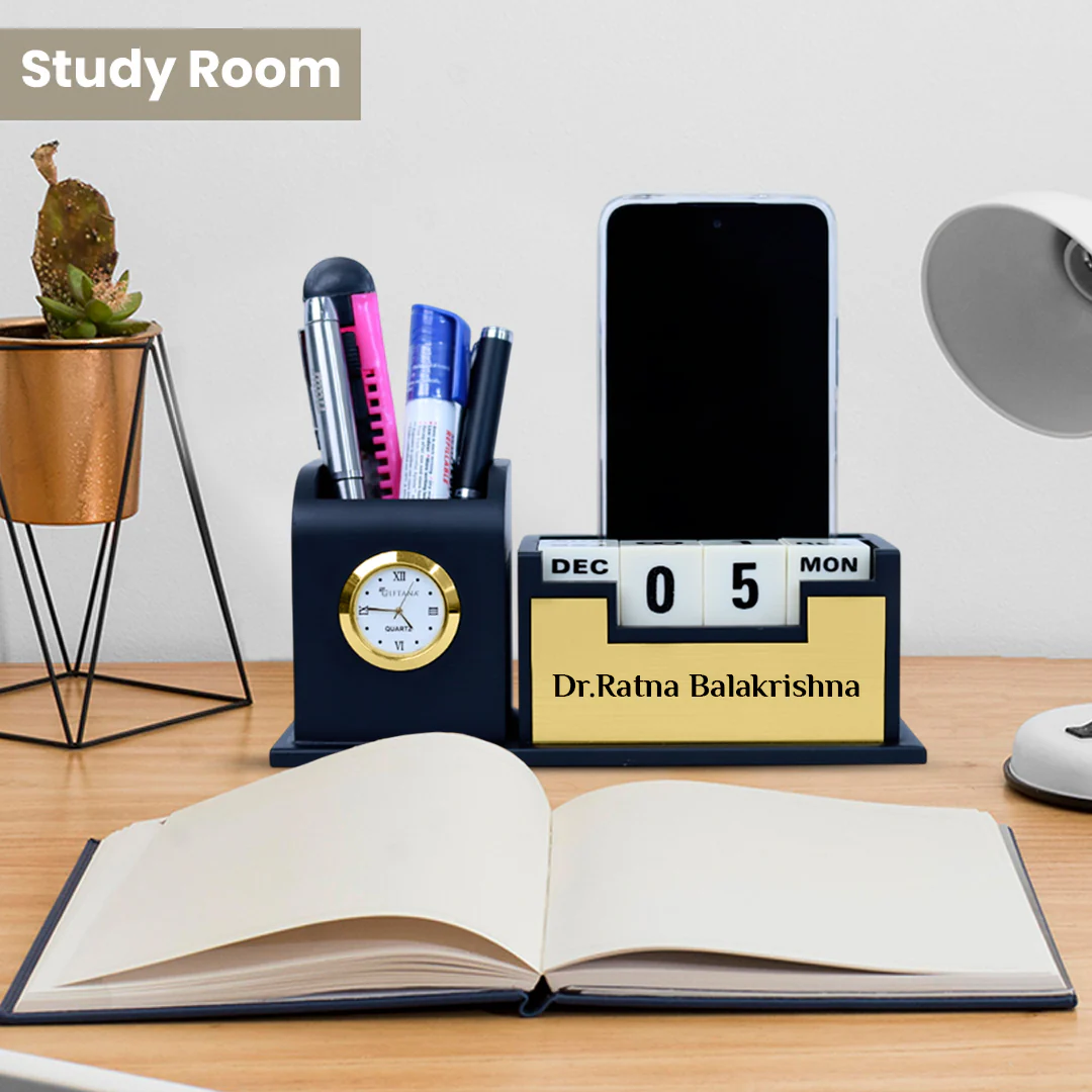 Nuevo Emporium Engraved Desk Clock & Pen Set (Black) | Personalized Premium Corporate Gift - Image 3