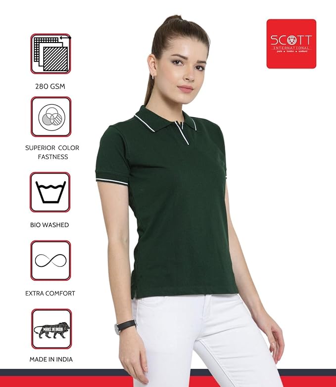 Scott International Women's Regular Fit 100% Pure Organic Cotton Polo T-Shirt | Womens Polo Collar Neck T-Shirt | Cotton Plain Polo Neck Half Sleeve T-Shirt | Tshirts for Women- Bottle Green - Image 3