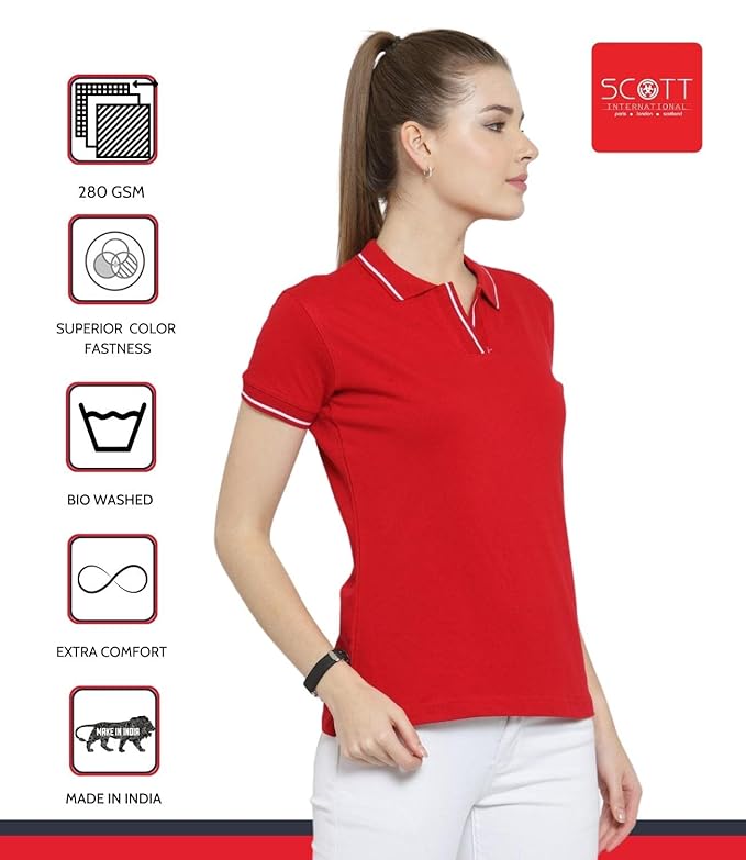 Scott International Women's Regular Fit 100% Pure Organic Cotton Polo T-Shirt | Womens Polo Collar Neck T-Shirt | Cotton Plain Polo Neck Half Sleeve T-Shirt | Tshirts for Women- Red - Image 4