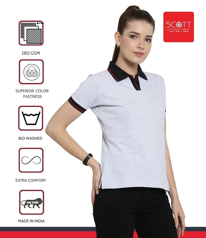 Scott International Women's Regular Fit 100% Pure Organic Cotton Polo T-Shirt | Womens Polo Collar Neck T-Shirt | Cotton Plain Polo Neck Half Sleeve T-Shirt | Tshirts for Women- White Milange - Image 4