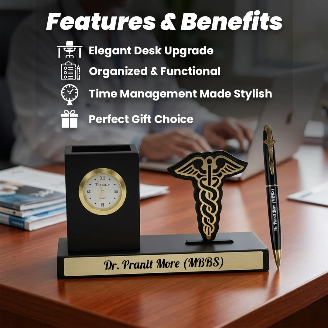Nuevo Emporium Personalized Gift for Doctors | Desk Organizer with Pen Stand & Clock Set - Image 5