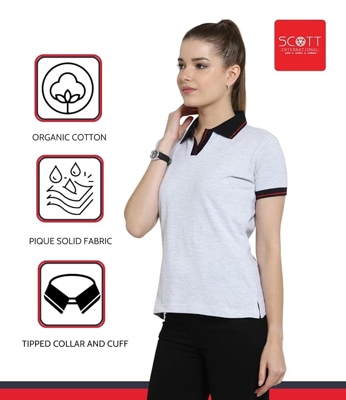 Scott International Women's Regular Fit 100% Pure Organic Cotton Polo T-Shirt | Womens Polo Collar Neck T-Shirt | Cotton Plain Polo Neck Half Sleeve T-Shirt | Tshirts for Women- White Milange - Image 3